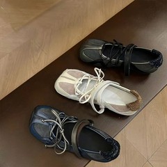 牛皮版~机能风运动方头芭蕾鞋女百搭交叉带魔术贴浅口玛丽珍单鞋
