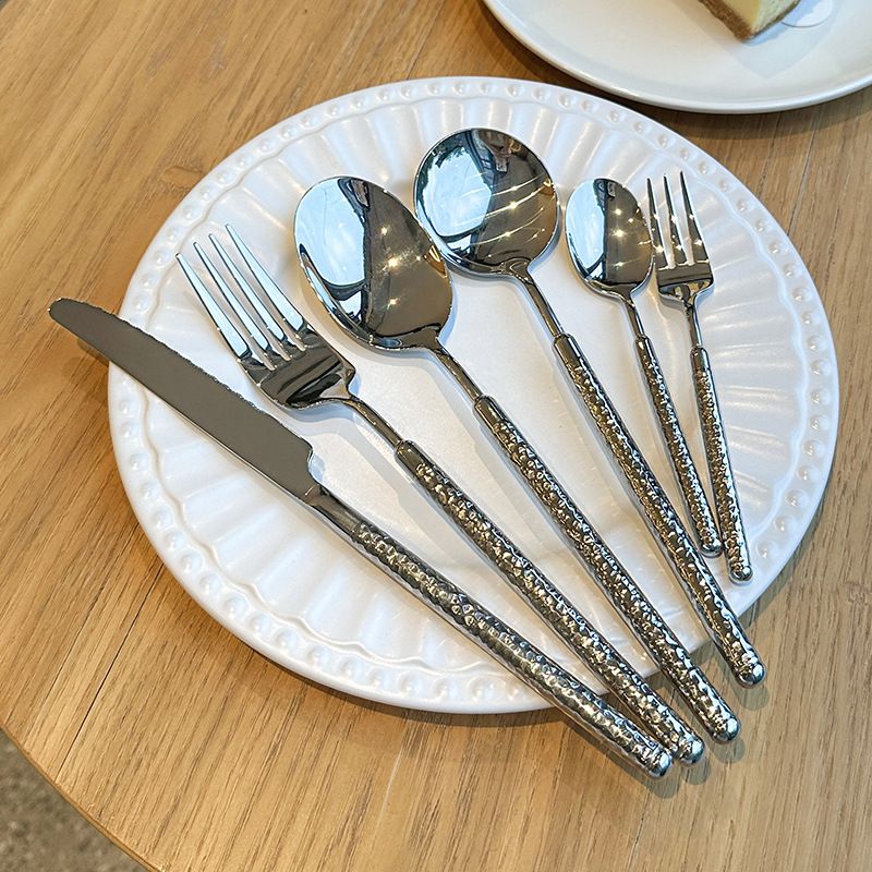 304 Stainless Steel Western Food Knife, Fork and Spoon Set Gold Round Diamond Hammer Pattern Tableware Hotel Restaurant Home Dessert Spoon