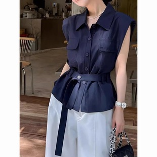 French Style Polo Collar Sleeveless Shirt for Women 2025 New Summer High-End Waist Tie Design Top