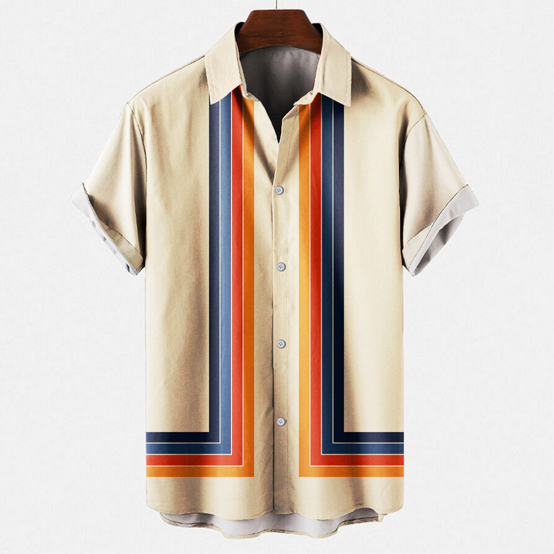 Summer New Men's Shirt Top Striped 3D Printed Men's Cardigan Lapel Shirt