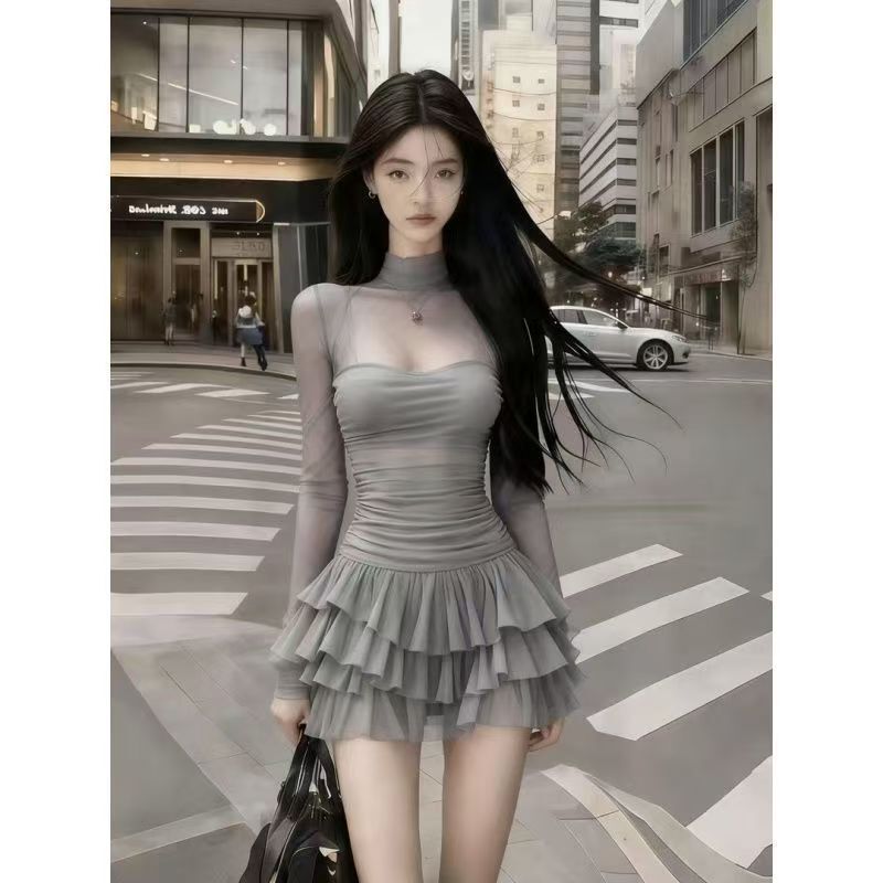 Light Luxury Style Mesh Patchwork Long-Sleeved High-Neck Cake Dress for Women, High-End French-Style Banquet Dress