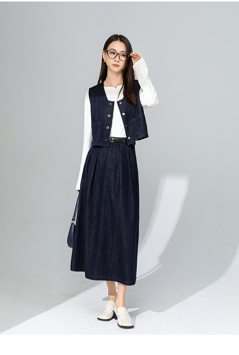 Bộ chân váy denim và áo gilê kiểu Pháp phong cách Hồng Kông, mặc nhiều lớp, thời trang dạo phố — Váy xanh 65338 chi tiết 28