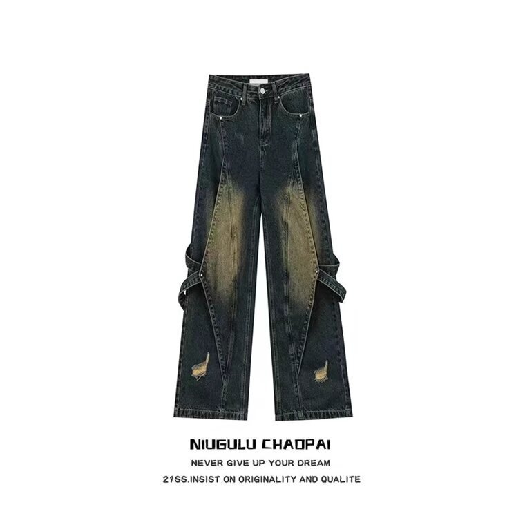 24-year retro distressed jeans men's Spring and Autumn New American loose flared pants washed casual trousers-AK006