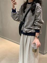 复古条纹长袖圆领卫衣女秋装2025新款宽松设计感休闲毛衣针织上衣