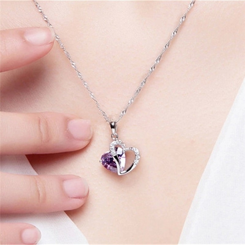 Daily Occasion 925 Sterling Silver Zircon Inlay Heart Shape Charms Pendant Necklace