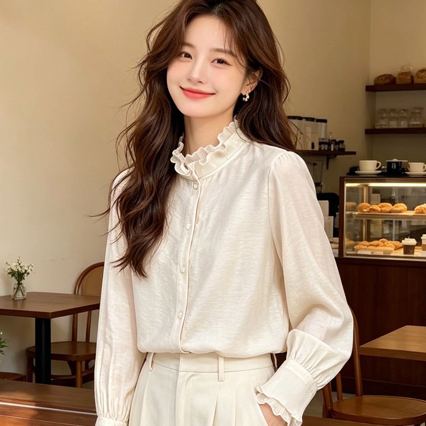 2026 Autumn New Style Ruffled Blouse Women's Long Sleeve Stand Collar Chiffon Blouse French Style Top 6F012
