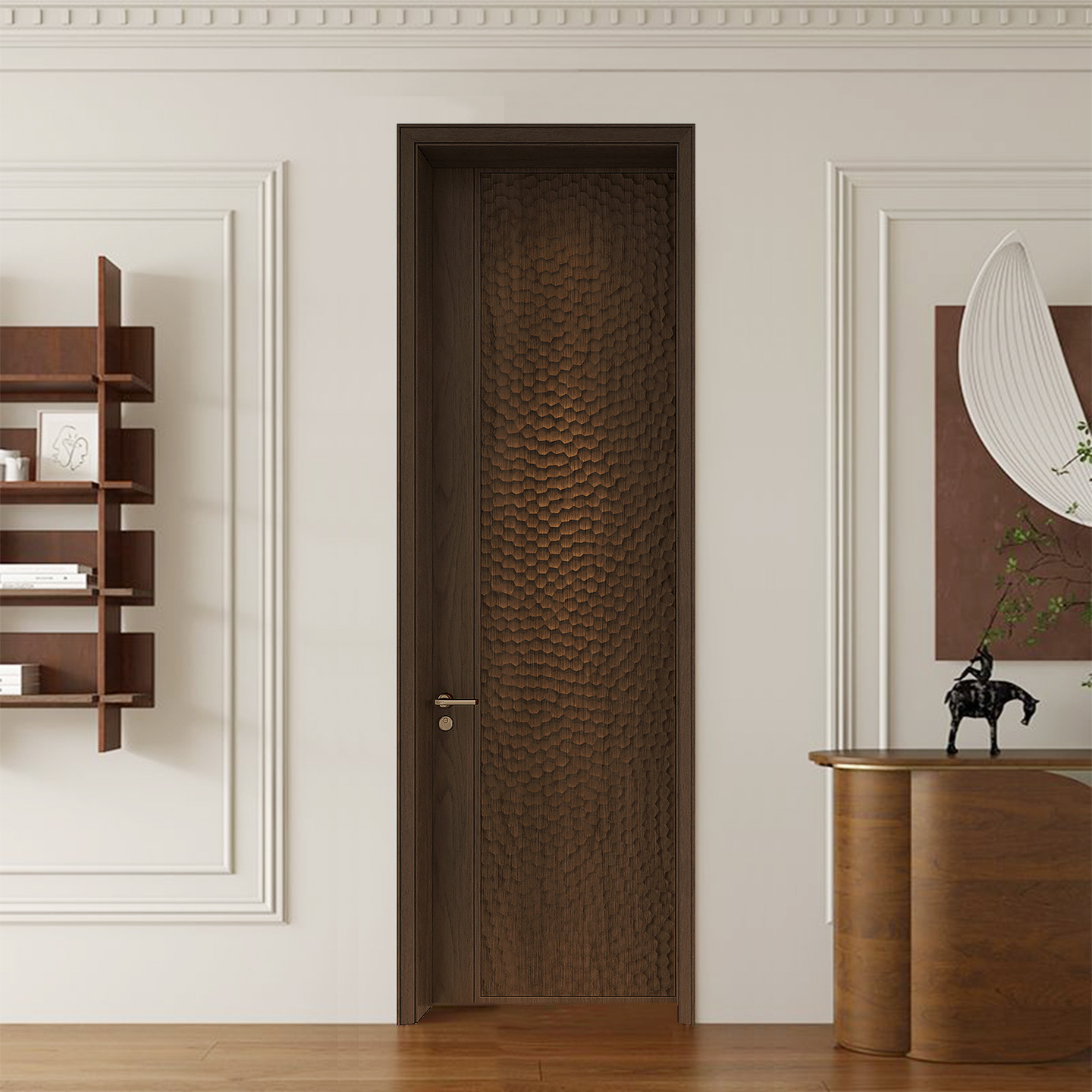 宋氏美学古中国风鱼鳞风格实木复合胡桃木门隔音卧室门