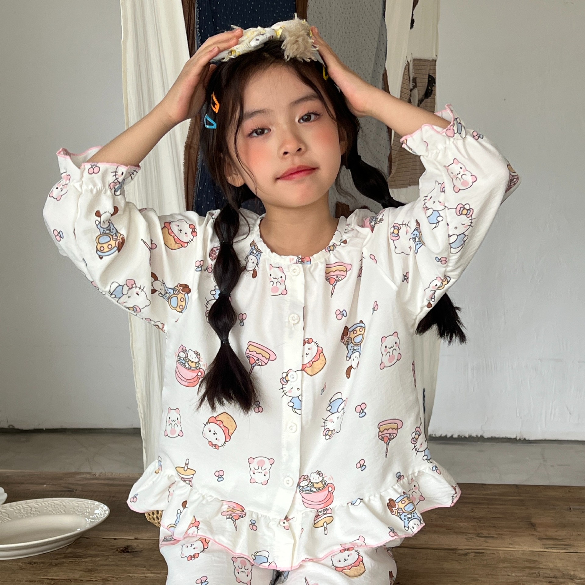 Primavera y verano ropa de aire acondicionado para niños niñas lindas pijamas de encaje niños grandes dibujos animados tiempo suelto ropa de algodón para el hogar image 9