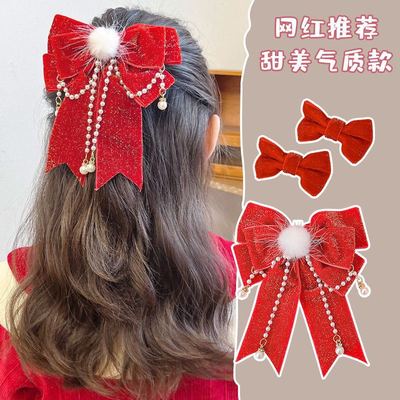 新年发夹女童红色蝴蝶结发卡拜年头饰小女孩后脑勺中国风丝绒夹子