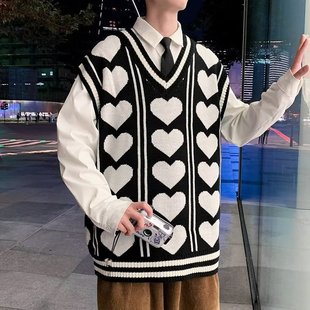 Vest men's and women's spring and autumn 2022 New loose V-neck waistcoat sleeveless jacquard love couple's wool sweater