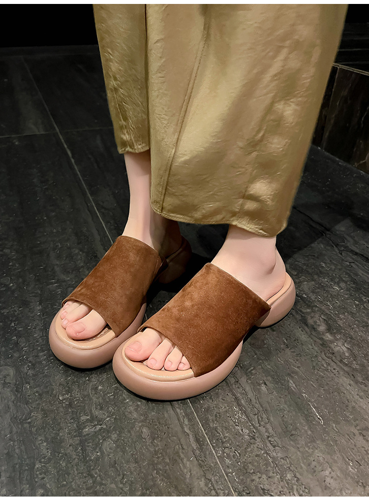 Dép sandal nữ quai ngang đế dày gót 5 cm, mềm êm, đi biển hè — xanh lam, nâu sẫm chi tiết 8