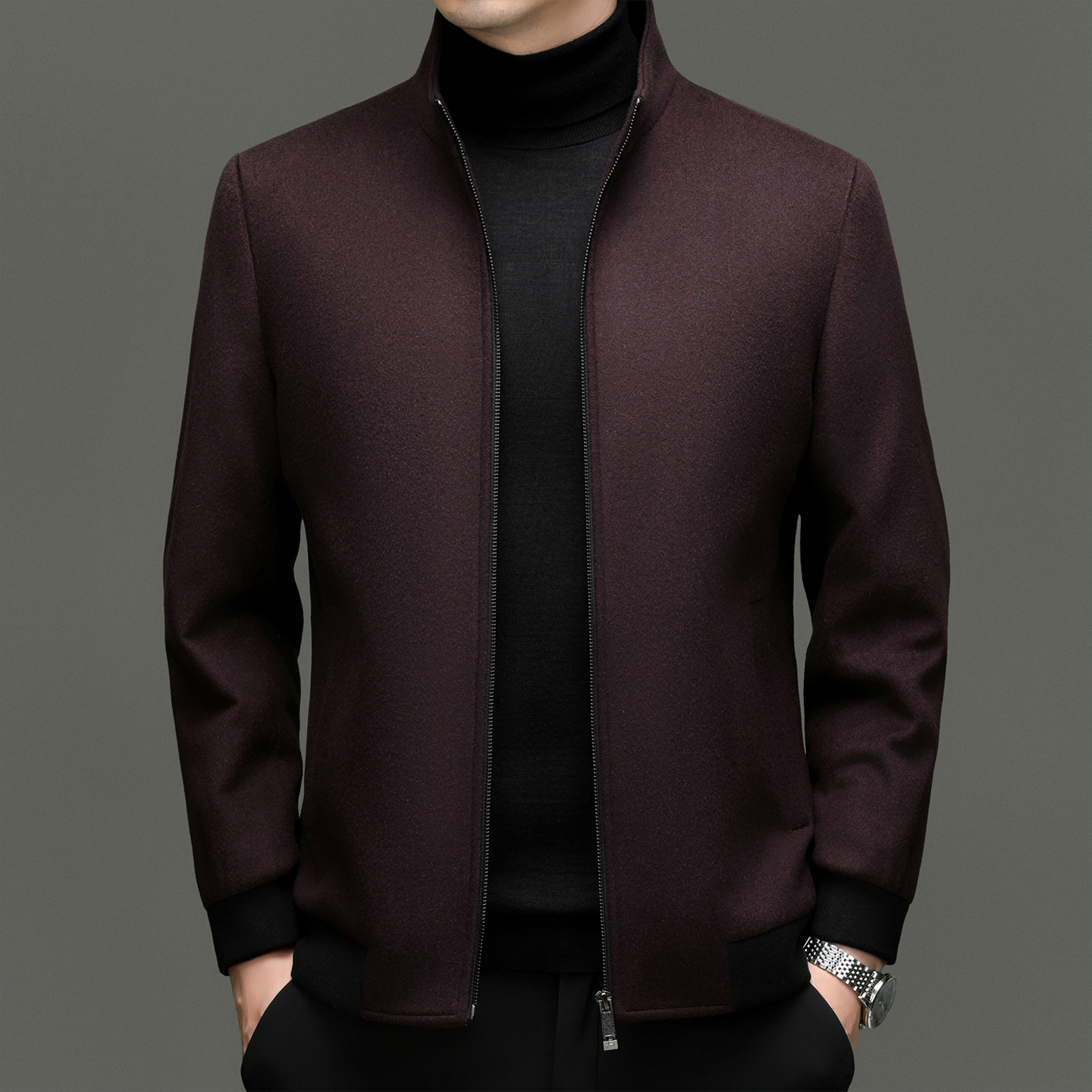 2025冬季羊毛呢夹棉夹克中老年男士全羊毛经典商务保暖立领外套男