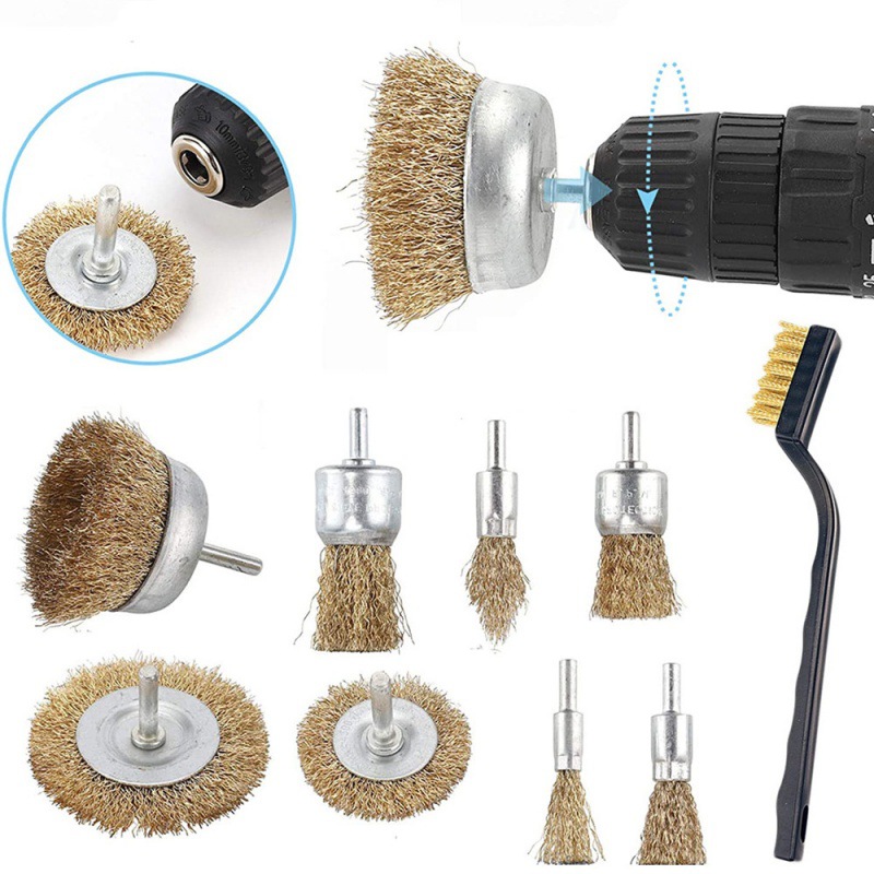 10件套不锈钢钢丝刷打磨轮除锈钢丝轮带有1/4英寸的柄刷套装