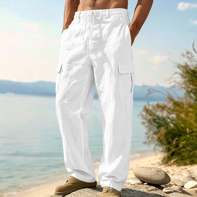 KOOSSOASIS Men's Summer Linen Overalls Loose Breathable Casual Pants Cotton And Linen Beach Pants_viptrois.com