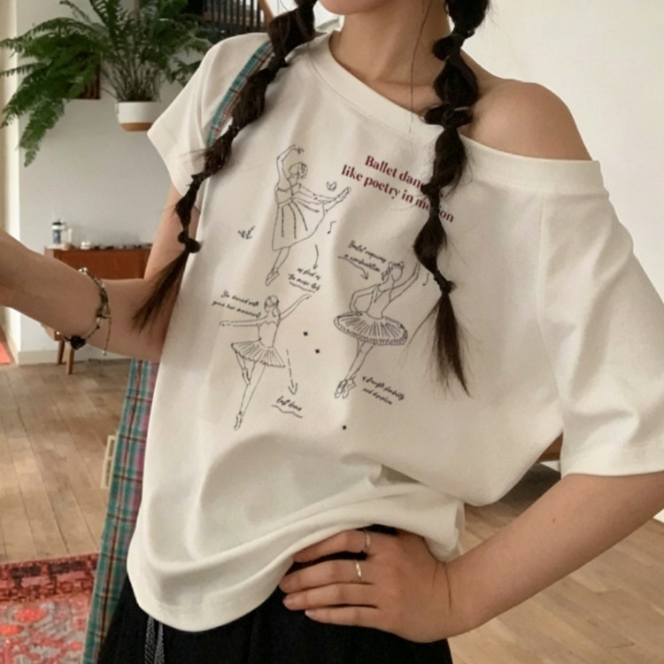 American-Style Off-Shoulder Short-Sleeve Women's T-Shirt, New Summer Design with a Unique Ballet-Inspired Casual Loose Fit