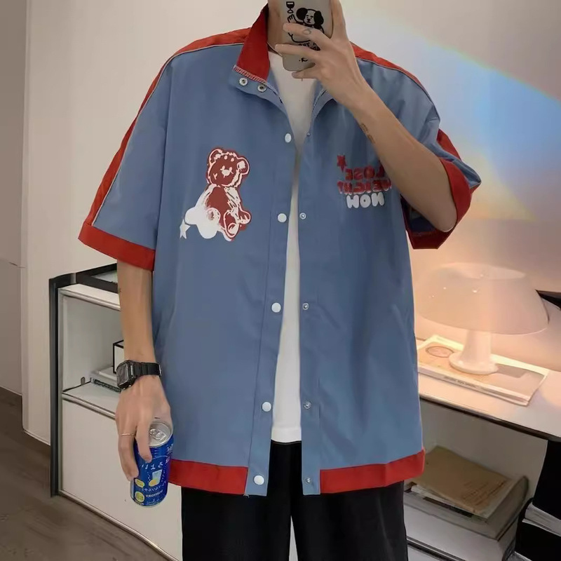 Easiest for Match Summer Boys Slim Loose Casual Lazy Loose Printed Baseball Short-Sleeved Shirt Ins Cardigan Top