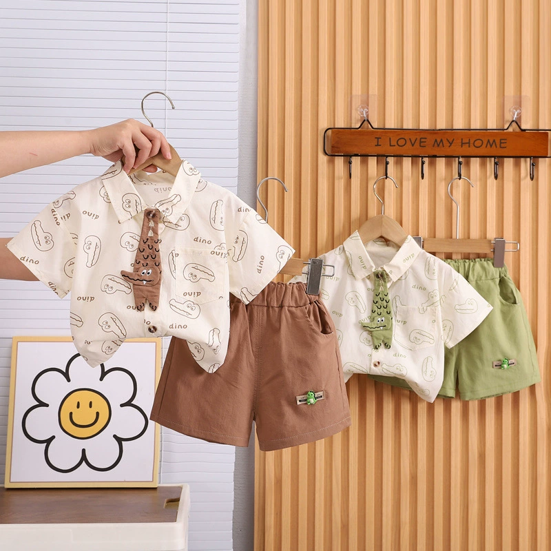 Летний костюм для мальчиков и девочек 2025 года, полосатая рубашка с коротким рукавом для малышей