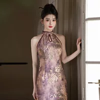 2025 новый новый китайский стиль улучшенный cheongsam темперамент высокого уровня без рукавов бедра красивые цветочные платья для женской весны