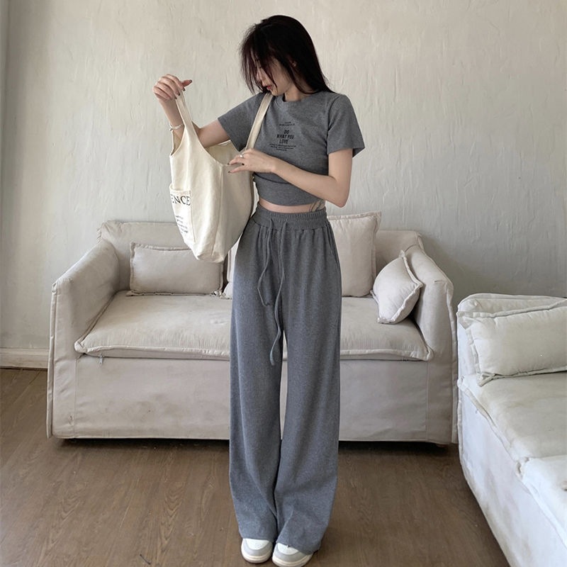 Women's Clothing Style Women's Two Piece Set Casual Gray Summer Top And Wide Leg Trousers Drawstring Tie Short Sleeved Outfit_ecoleips.com