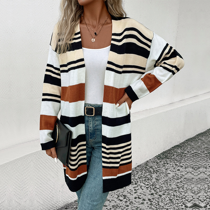 Striped Color Block Casual Long Style Sweater Cardigan_voghion.com