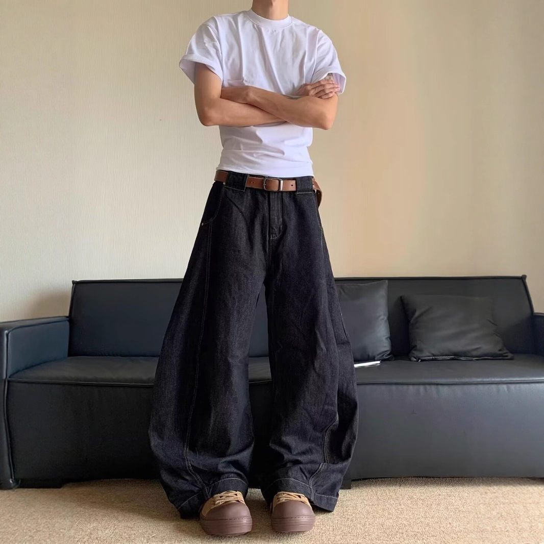 弯刀牛仔裤男士百搭宽松阔腿长裤高街潮辑明线分割拼接休闲老爹裤