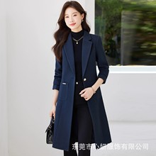藏蓝色毛呢风衣女秋冬新款职业修身商务外套中长款加厚通勤工装