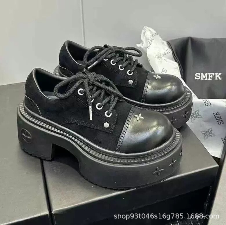 ハイバージョン SMFK クロスフラワー 新しい厚底レースアップカジュアルカラーブロック太ヒールラージトゥシューズロートップダービーシューズ|undefined
