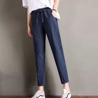 文艺棉麻九分裤女2024夏季新款高腰显瘦哈伦裤宽松百搭休闲小脚裤