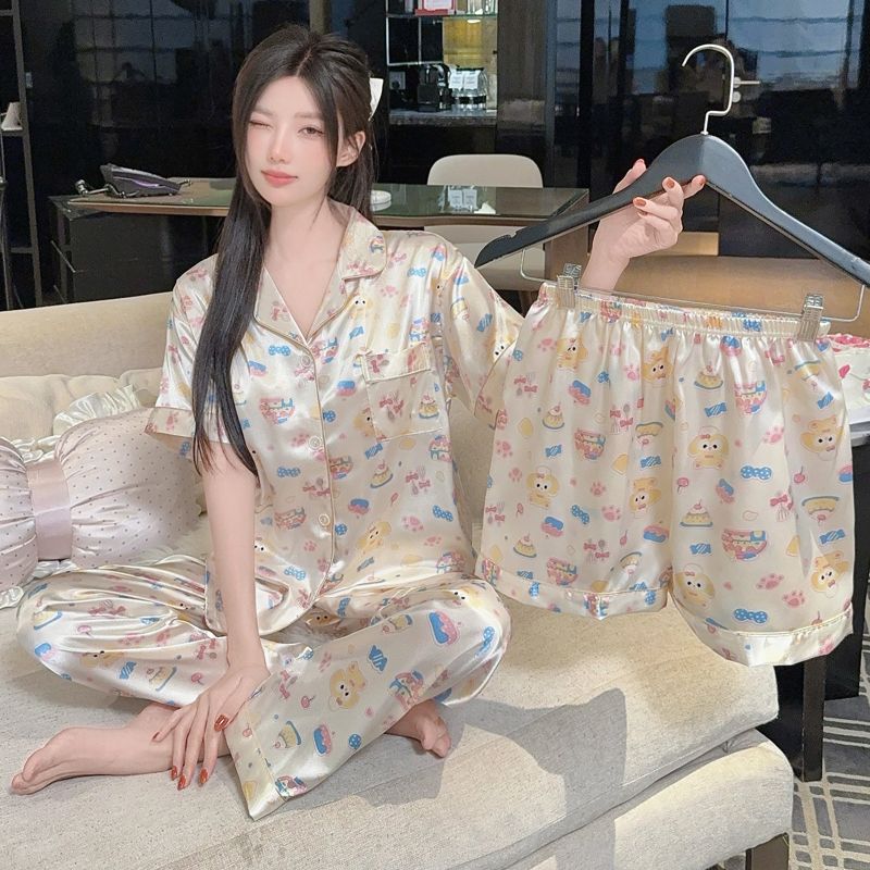 여성을위한 한국어 스타일 귀여운 버터 케이크 얼음 실크 잠옷 여름 시원한 반팔 여름 실크 홈웨어 세트