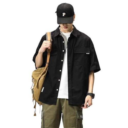 Japanese-style workwear short-sleeve shirt for men, cool and stylish olive green streetwear brand explosion street fashion mid-sleeve half-sleeve top shirt