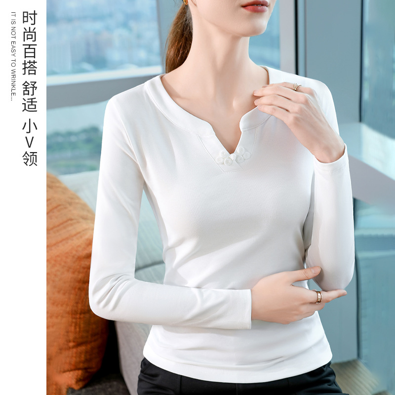 Camisa blanca con cuello en v pequeño para mujer 2024 nuevo otoño e invierno nuevo estilo chino estilo nacional hebilla de disco moda para mujer top delgado image 1