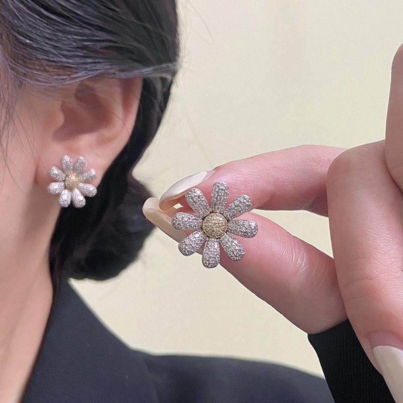 雏菊向日葵花朵满锆耳钉女超闪权志龙同款ins风精致轻奢耳环耳饰|undefined