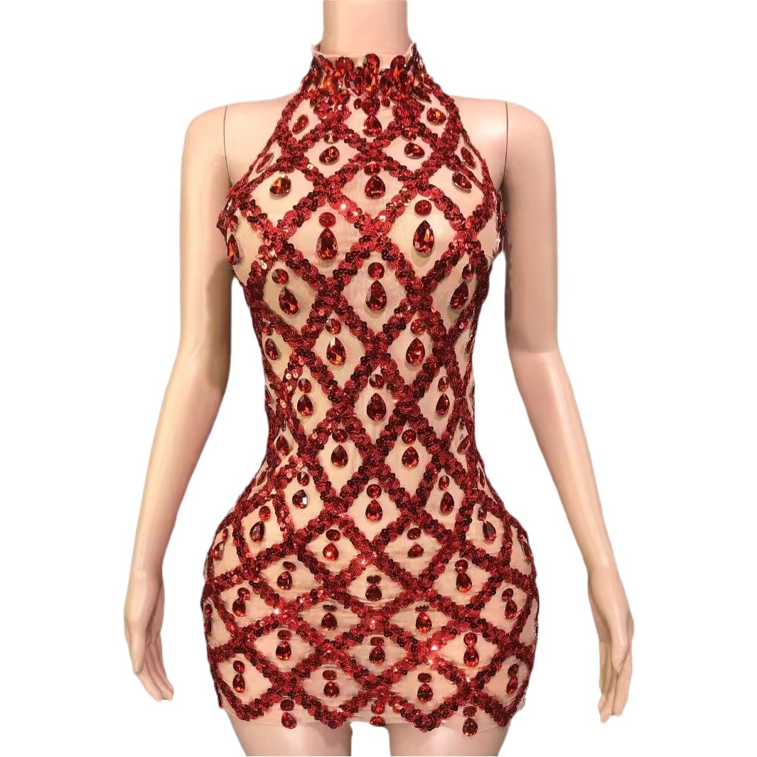 Vestido de Noche Corto Elástico con Lentejuelas de Diamantes y Malla, Estilo Europeo y Americano, para Cantante, Bailarina o DJ, con Pedrería