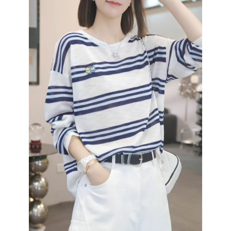 Smiley Face Color-Block Striped Long-Sleeve Sun Protection T-Shirt for Women, Summer Air Conditioning Cover-Up, Age-Reducing New Style, Loose and Lazy Top