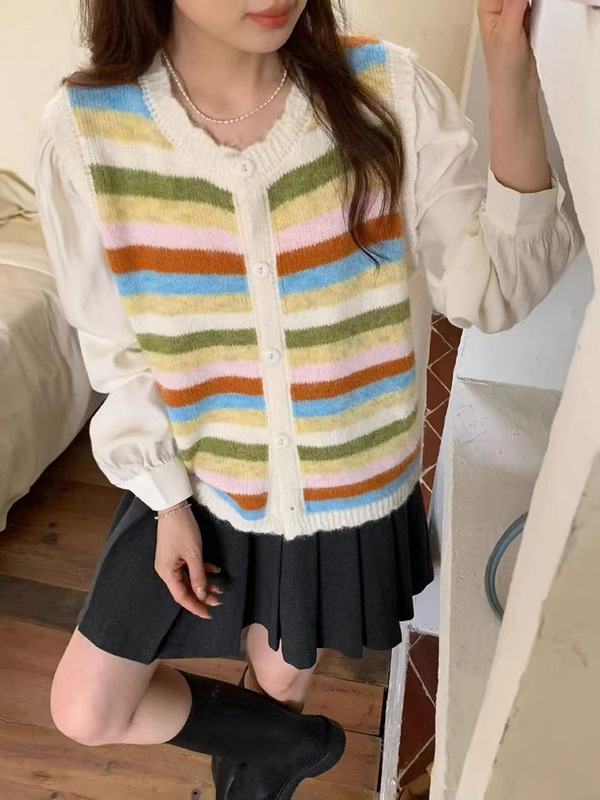 宽松七彩条纹针织马甲2025秋季新款洋气叠穿无袖毛衣背心软糯上衣|undefined
