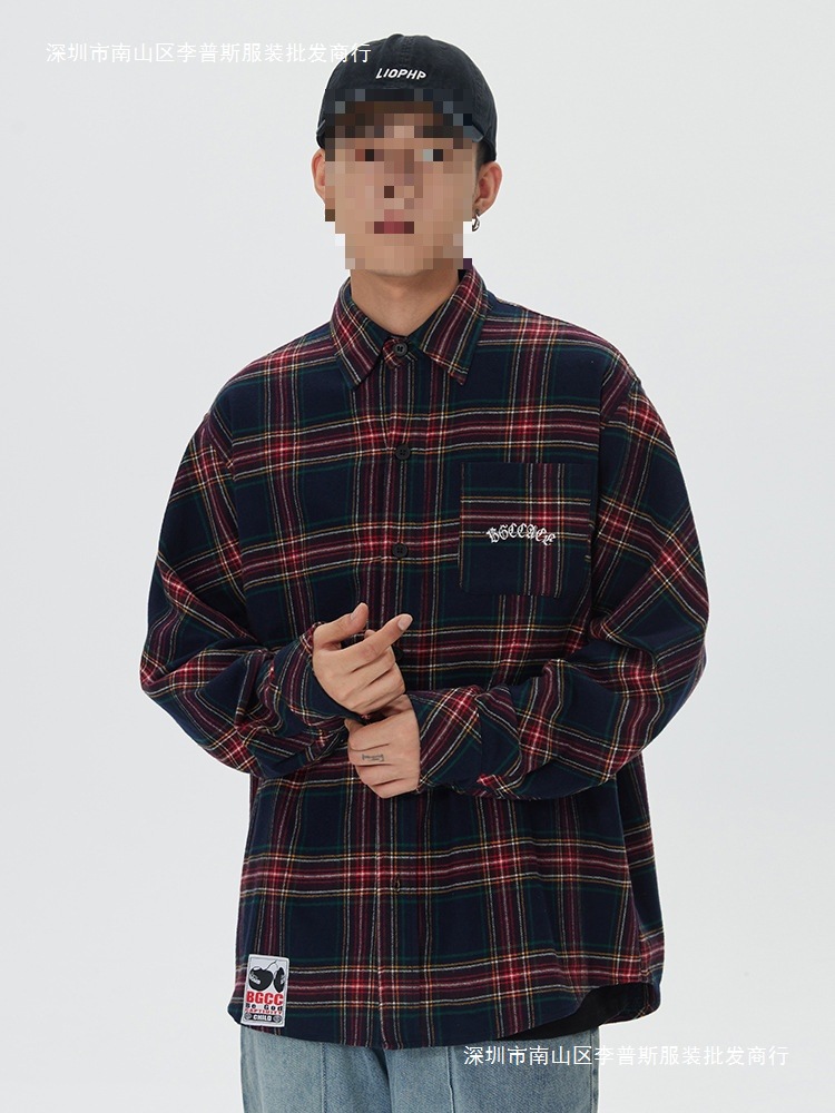 American Style Retro Red Plaid Long-sleeved Shirt Men's Spring and Summer New Fashionable Brand Loose Casual Shirt Jacket for Couple