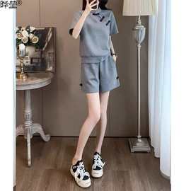 新中式国风休闲运动套装女夏季显瘦小个子时尚减龄短袖短裤两件晔