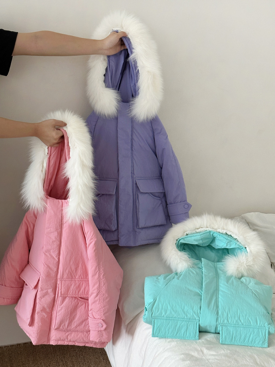 Otoño e Invierno DE LOS NIÑOS abajo chaqueta de media longitud espesado cuello de piel grande pato blanco abajo ropa de los niños abajo chaqueta abrigo de invierno