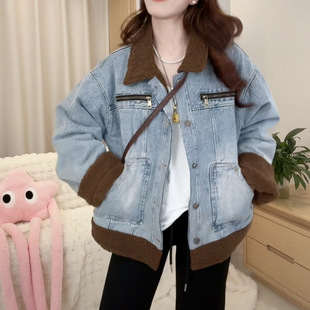 American Vintage Imitation Lamb Wool Denim Coat Women's Autumn and Winter 2024 New fleece-lined Thickened Lapel Cotton-padded Coat