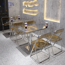 网红咖啡厅奶茶店甜品店不锈钢桌椅组合工业风透明折叠亚克力椅子
