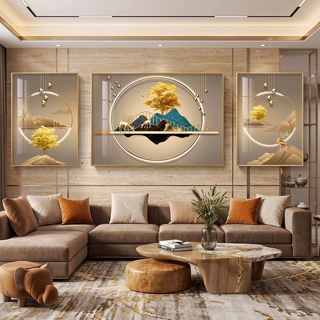 发财有路轻奢三联晶瓷画镶钻麋鹿山水客厅挂画沙发背景墙面装饰画