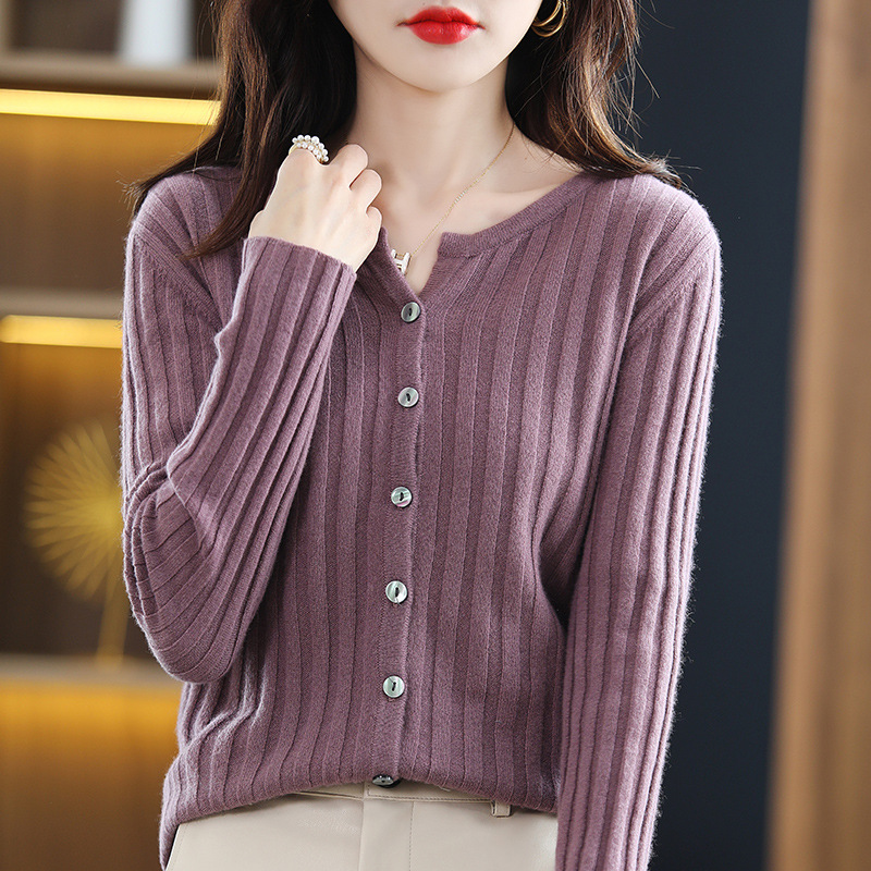2023春秋跨境女士针织衫韩版圆领宽条针织开衫外搭女毛衣一件代发