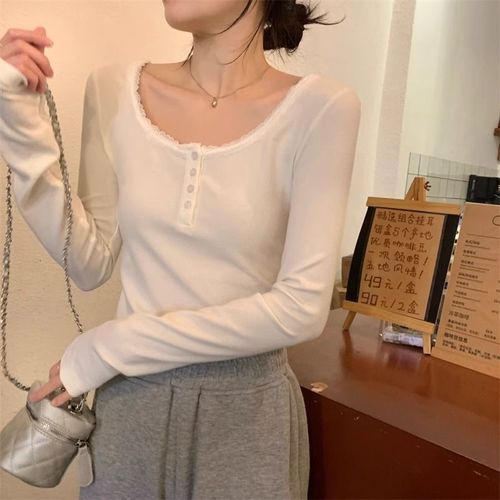 250g Comfort Fleece Lace-Trimmed Button-Down Crew Neck T-Shirt for Women Long-Sleeve Slimming Top