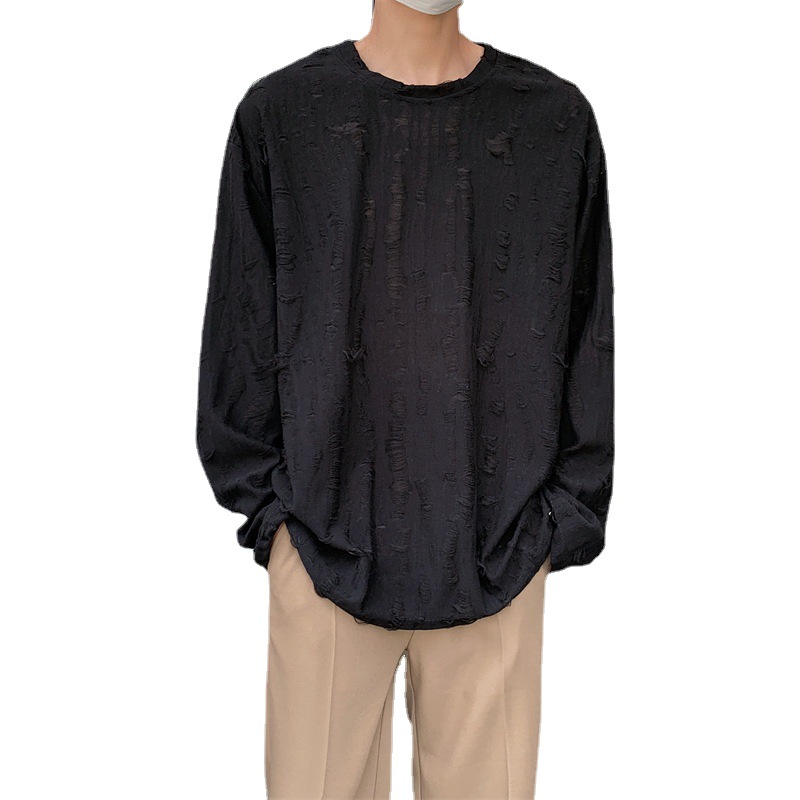 La Primavera de cuello redondo de manga larga Camiseta de los hombres de estilo coreano estilo de Hong Kong casual todo partido de moda ins pullover personalizado rasgado camiseta top