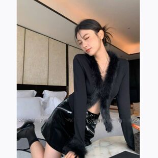 2024 Korean Style Fur Collar Simple Spring and Autumn Atmosphere Maomao Stitching V-Neck Hot Girl Short Long Sleeve Cardigan Coat