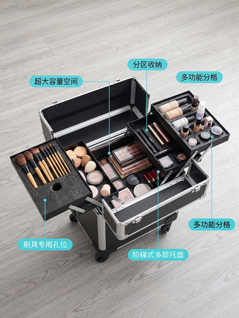 Caja de maquillaje de larga capacidad, caja de maquillaje profesional con ruedas, caja de herramientas de bordado de uñas y peluquería