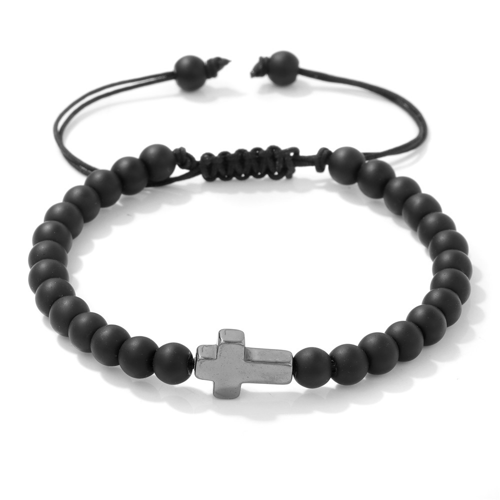 欧美复活节十字手串6mm磨砂黑珠子手链英文字母卡装编织款可调节