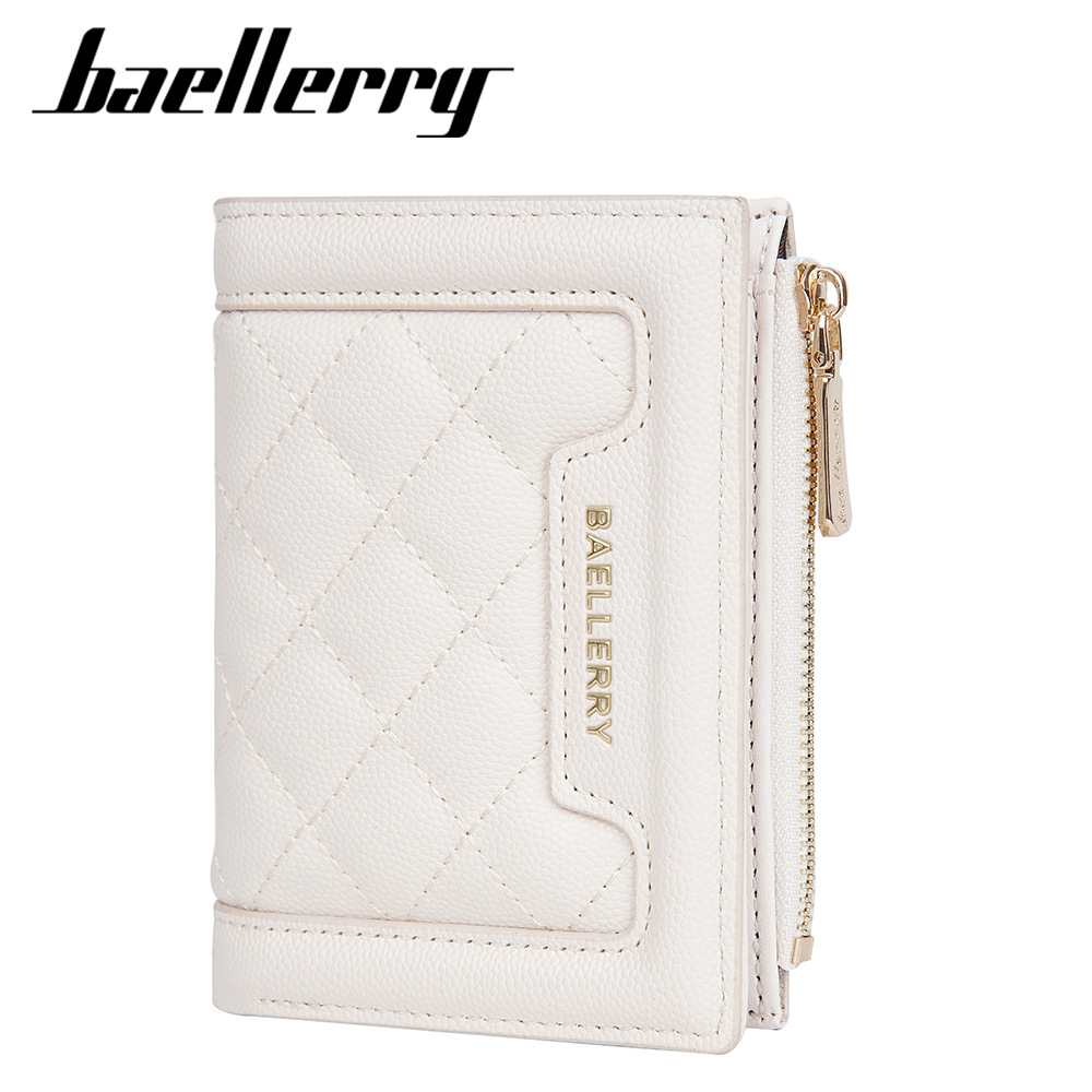 Cartera de mujer Baellerry color cálido monedero corto con cremallera a presión, bolso de tarjeta con patrón de diamante con borde, billetera