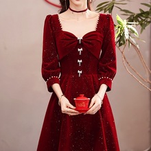 大码冬季敬酒服新娘红色礼服女感裙子订婚连衣裙长袖平时可穿