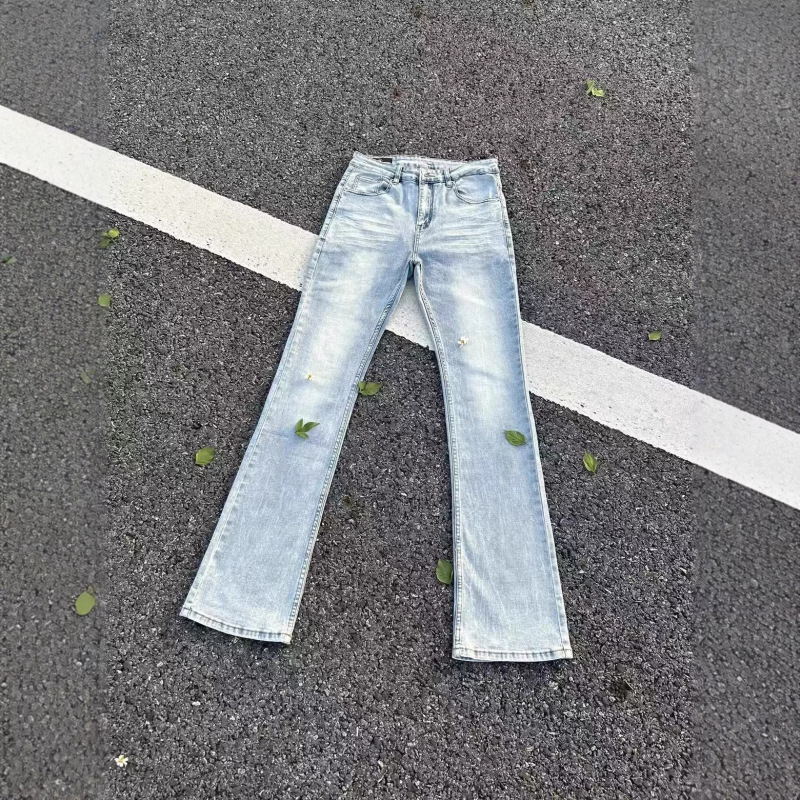 Cross-Border Dc Micro-Flare Jeans Original Cleanfit Washed Whiskered Ice Blue Jeans with Double-Layer Pockets at the Hips